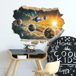 Kreativer 3D Wandaufkleber mit Durchbruch Effekt Weltraum Planeten und Galaxien Dekor
