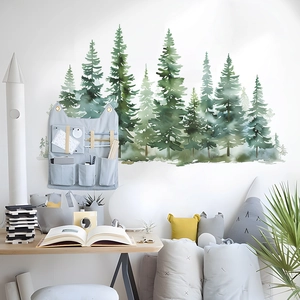 Watercolor pine forest wall stickers in deep green tones for nursery wall decoration