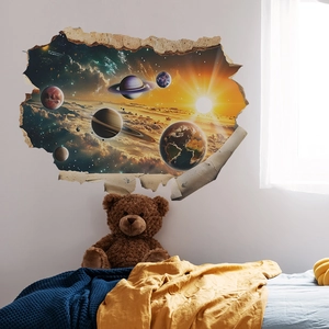3D-Wandtattoo mit Planeten- und Weltraum-Effekt für das Schlafzimmer an einer Risswand