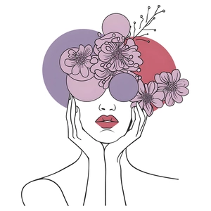 Adesivo murale minimalista con fiori viola e silhouette artistica di una donna
