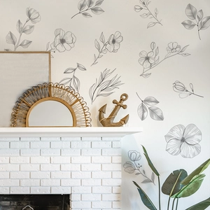 Black and white floral sketch wall decals for minimalist bedroom and living room decor