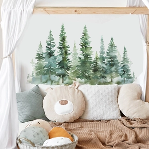 Watercolor Pine Tree Forest Wall Sticker Nordic Style Green Trees PVC Waterproof Removable Decal For Kids Room Bedroom Home Decor