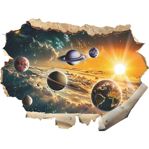 Kreativer 3D Wandaufkleber mit Wanddurchbruch-Effekt und Galaxie-Planeten Design