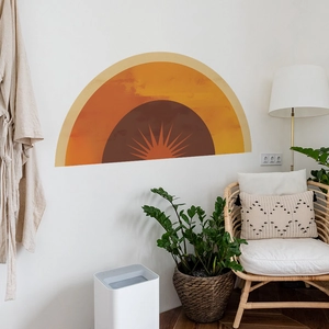 Modern boho semicircular sunset wall decal in warm orange and brown for home decor