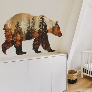 Cartoon brown bear forest silhouette wall sticker with autumn landscape for home decor