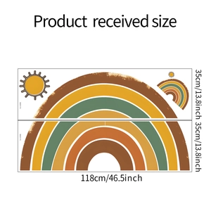 Detail view of rainbow and sun wall stickers set with specific dimensions and size marking