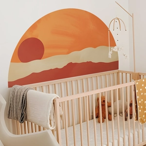 Creative sunset semi-circle wall decal featuring mountains for modern bedroom decor