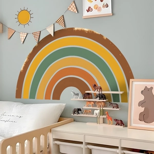 Minimalist Morandi rainbow wall decal for nursery room decor with large sun arc pattern