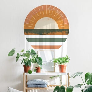 Minimalist boho sunset wall sticker with retro semi-circle stripes for home decor