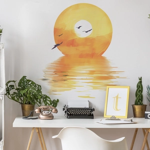 Close-up of minimalist sunset and seagull wall decal for living room home decoration