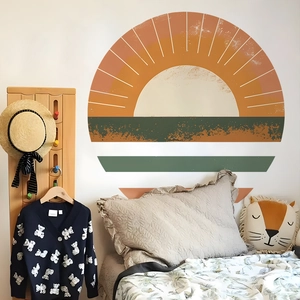 Minimalist sunset wall sticker featuring geometric PVC decals for bedroom wall decoration