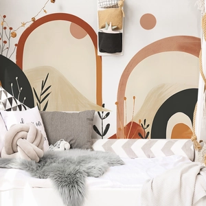 Böhmischer abstrakter Wandaufkleber mit Erdtönen und minimalistischen Pflanzensilhouetten