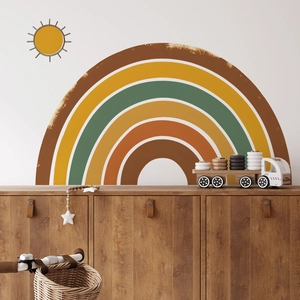 Large Boho Rainbow Sun Wall Sticker PVC Earth Tone Nursery Decor Removable Vinyl Art Mural For Kids Room Living Room