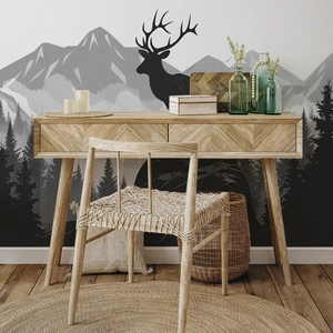 Nordic minimalist forest deer wall decal set with layered mountains for living room decor