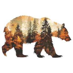 Cartoon brown bear silhouette wall sticker with forest landscape and birds design