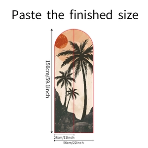 Dettaglio dell'adesivo murale ad arco con palme e dimensioni precise in cm e pollici