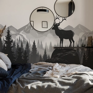 Minimalist Nordic forest wall sticker with elk and mountains for bedroom decor