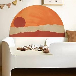 Detail of creative sunset semi-circle wall sticker with abstract warm mountain scenery