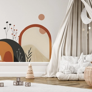 Boho-Wandsticker mit abstrakten Bögen und Pflanzen für die Dekoration im Kinderzimmer