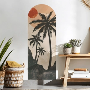 Adesivo murale arco bohémien con palme tropicali e tramonto in tonalità terra