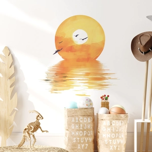 Minimalist sunset and seagull wall decal featuring a warm yellow sun and water reflection