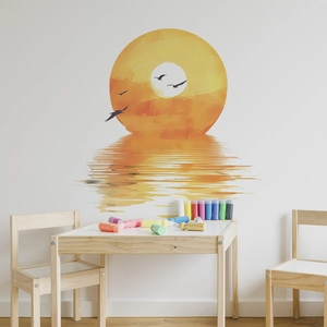 Minimalist wall decal featuring artistic sunset, seagull silhouettes, and water reflection