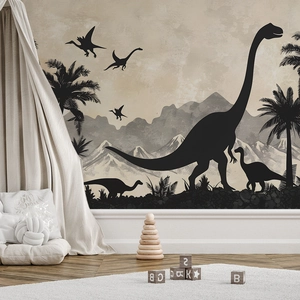 Nordic cartoon dinosaur wall stickers featuring silhouettes of palm trees and mountains