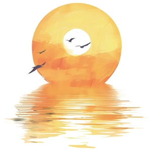Minimalist sunset and seagulls wall sticker showing abstract ocean landscape and birds