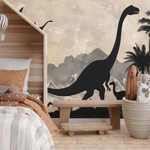 Nordic dinosaur forest wall sticker set for kids room decor with palm trees and mountains