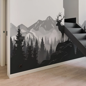 Modern forest deer wall decal applied on staircase wall for minimalist home decor