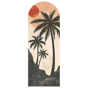 Dettaglio di un adesivo murale boho ad arco con sole e sagome di palme tropicali