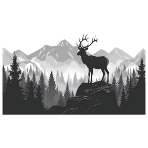 Minimalist Nordic forest elk wall sticker with mountain and pine tree silhouette design