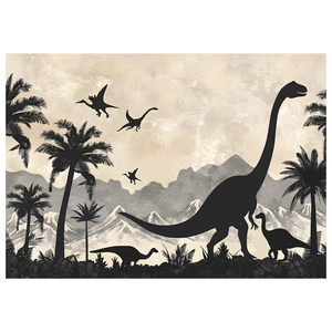 Retro cartoon dinosaur forest silhouette wall sticker with palm trees and vintage background