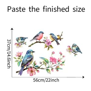 Size chart showing bird and flower window stickers measuring 56x37cm for home decor