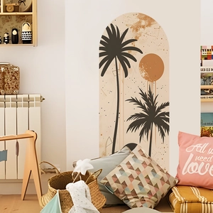 Adesivo murale arco bohémien con palme e sole per decorazioni domestiche moderne