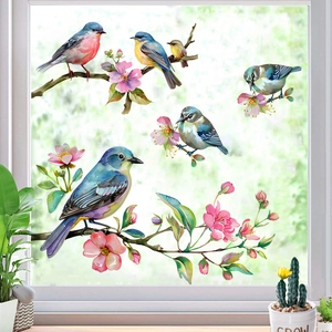 Watercolor Flower Bird Window Sticker PVC Static Cling Glass Decal Cherry Blossom Branch Living Room Home Decor Sticker