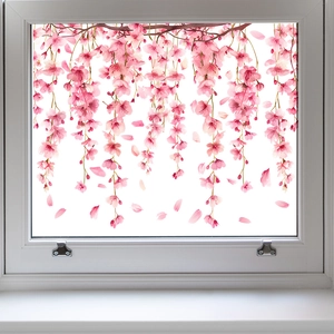 Pink Cherry Blossom Tree Branch Window Sticker Floral Wall Decal PVC Waterproof Glass Decoration For Home Bedroom Living Room