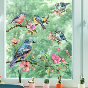 Floral bird glass window stickers with colorful watercolor songbirds and pink blossoms