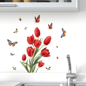 Selbstklebende Fensteraufkleber mit roten Tulpen und Schmetterlingen für Glasdekoration