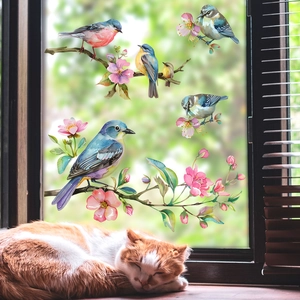Colorful floral birds window stickers with watercolor cherry blossoms and sleeping cat décor
