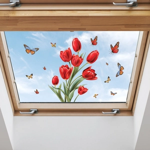 Selbstklebende Fensteraufkleber mit roten Tulpen und bunten Schmetterlingen
