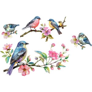 Watercolor floral branch and colorful bird window decals for living room home decoration