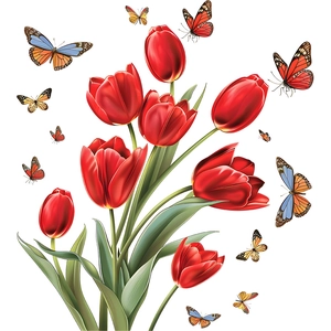 Selbstklebende rote Tulpenblumen und bunte Schmetterlingsfensteraufkleber für Deko