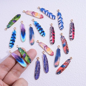 Bohemian style alloy feather charms with colorful oil drip patterns for DIY jewelry making