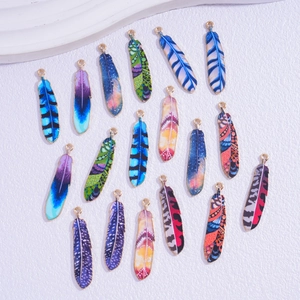 Bohemian feather charms in diverse colorful printed alloy for DIY jewelry making