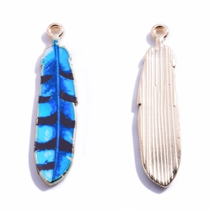 Blue and black enamel feather charms with golden alloy backing for DIY necklaces
