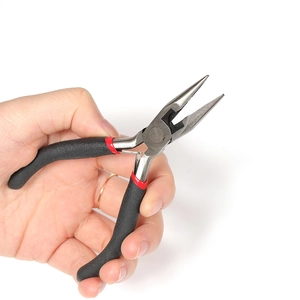 Close-up of 5-inch long-nose pliers with black anti-slip handle held by hand for DIY jewelry