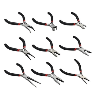Professional 9-piece DIY jewelry plier set with red and black handles for precise crafting
