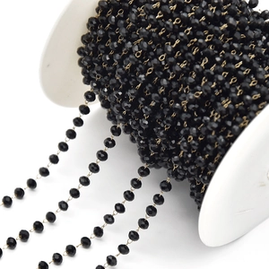 Faceted black crystal beads on gold wire chain for handmade DIY jewelry crafting