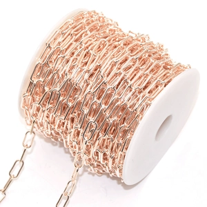 Rose gold paperclip chain link on a white spool for DIY jewelry and accessories